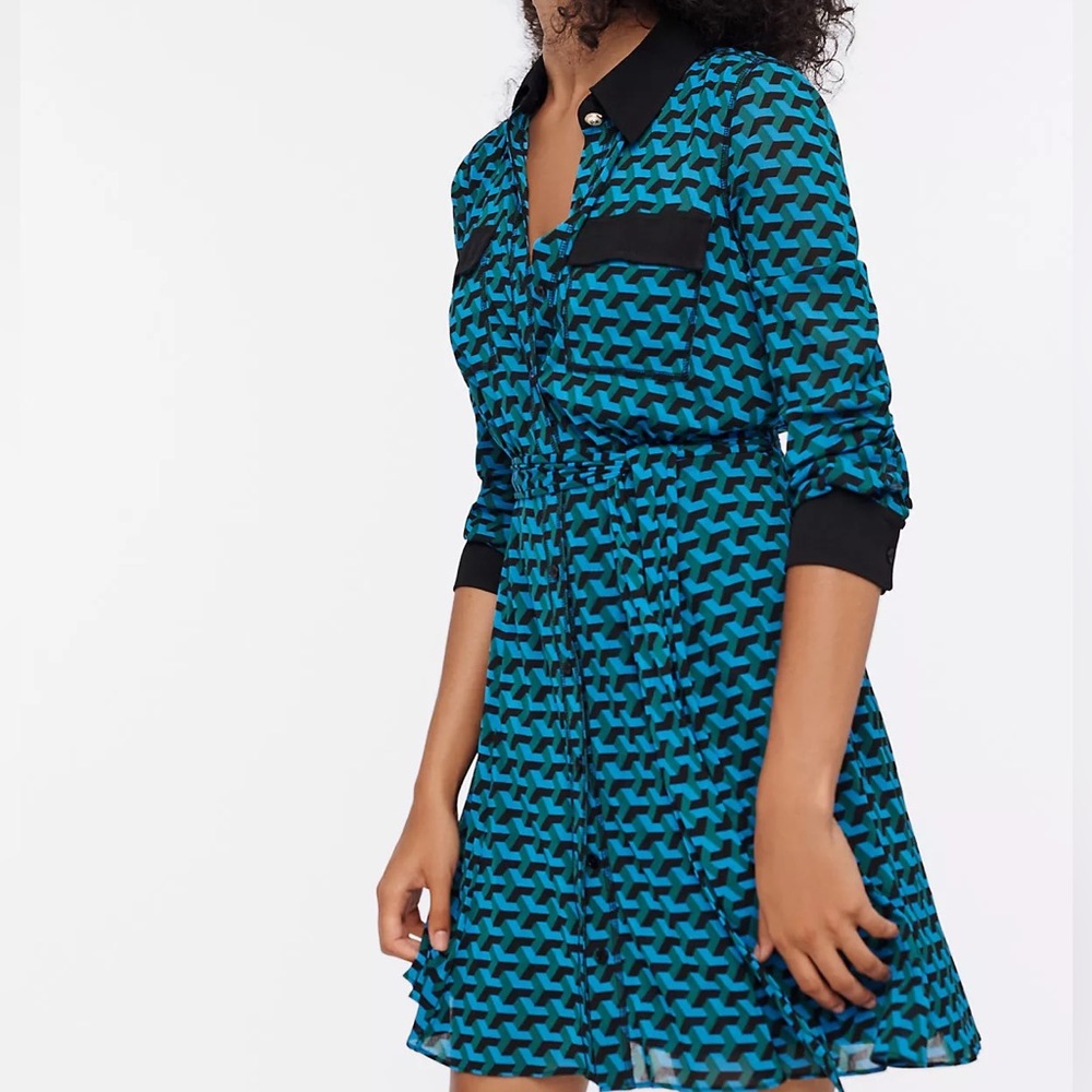 DVF Shirt Dresses | Andi Mesh Mini Shirt Dress L Geo Emerald/Black- size M - Picture 2 of 5